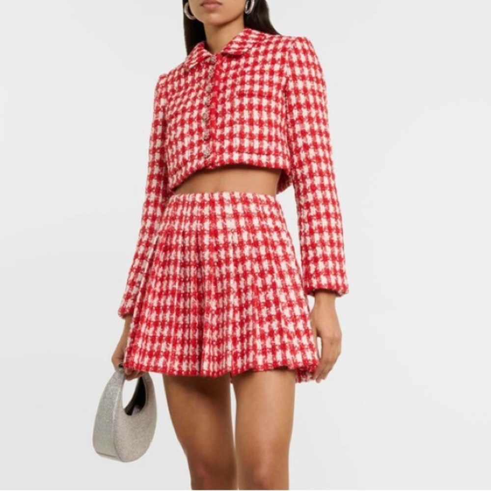 NWT Self-Portrait Pleated Houndstooth Bouclé Cropped Jacket & Mini Skirt Set